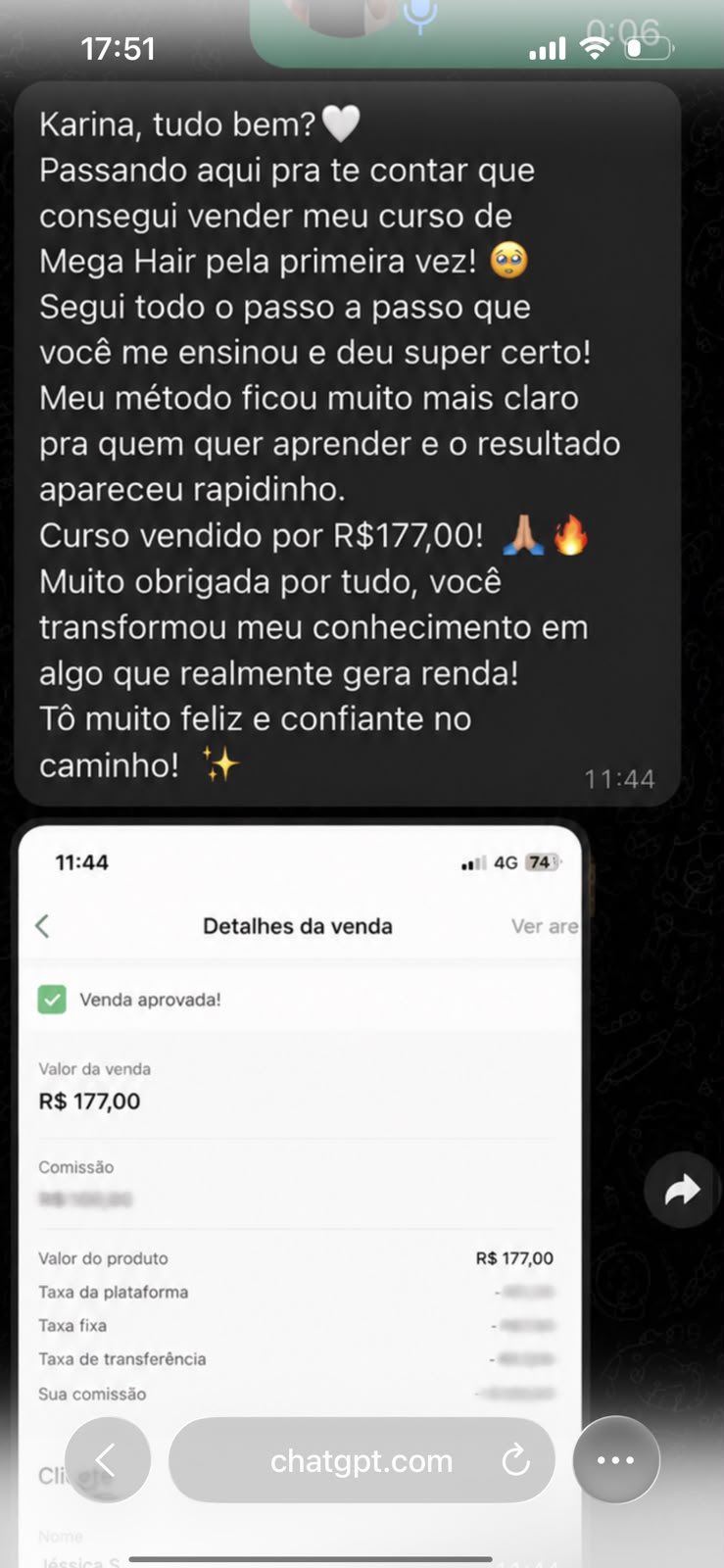 Print de conversa: aluna contando que vendeu o curso de Mega Hair pela primeira vez, por R$177